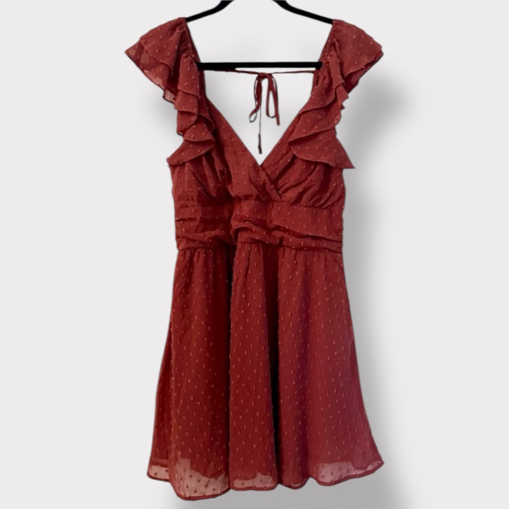 Dee Elle Swiss Dot Warmed Toned Brown / Brick Red Flutter Sleeve Dress, Large